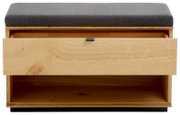 Garderobenbank aus Holz mit grauem Polster, Schublade geöffnet, Frontansicht