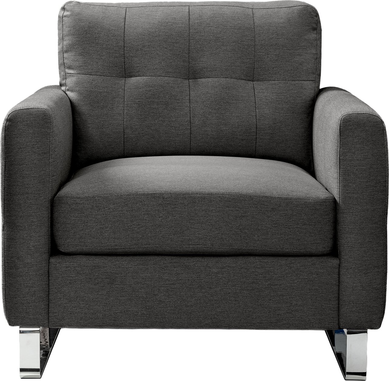Dunkelgrauer Polstersessel mit breiten Armlehnen, gesteppter Rückenlehne und verchromten Füßen, frontal von vorne fotografiert.