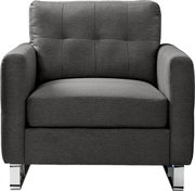 Dunkelgrauer Polstersessel mit breiten Armlehnen, gesteppter Rückenlehne und verchromten Füßen, frontal von vorne fotografiert.