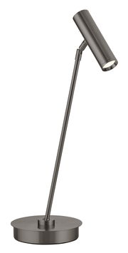 Moderne LED-Tischleuchte in seitlicher Perspektive mit schlankem, verstellbarem Arm und zylindrischem Lampenkopf in Metalloptik.