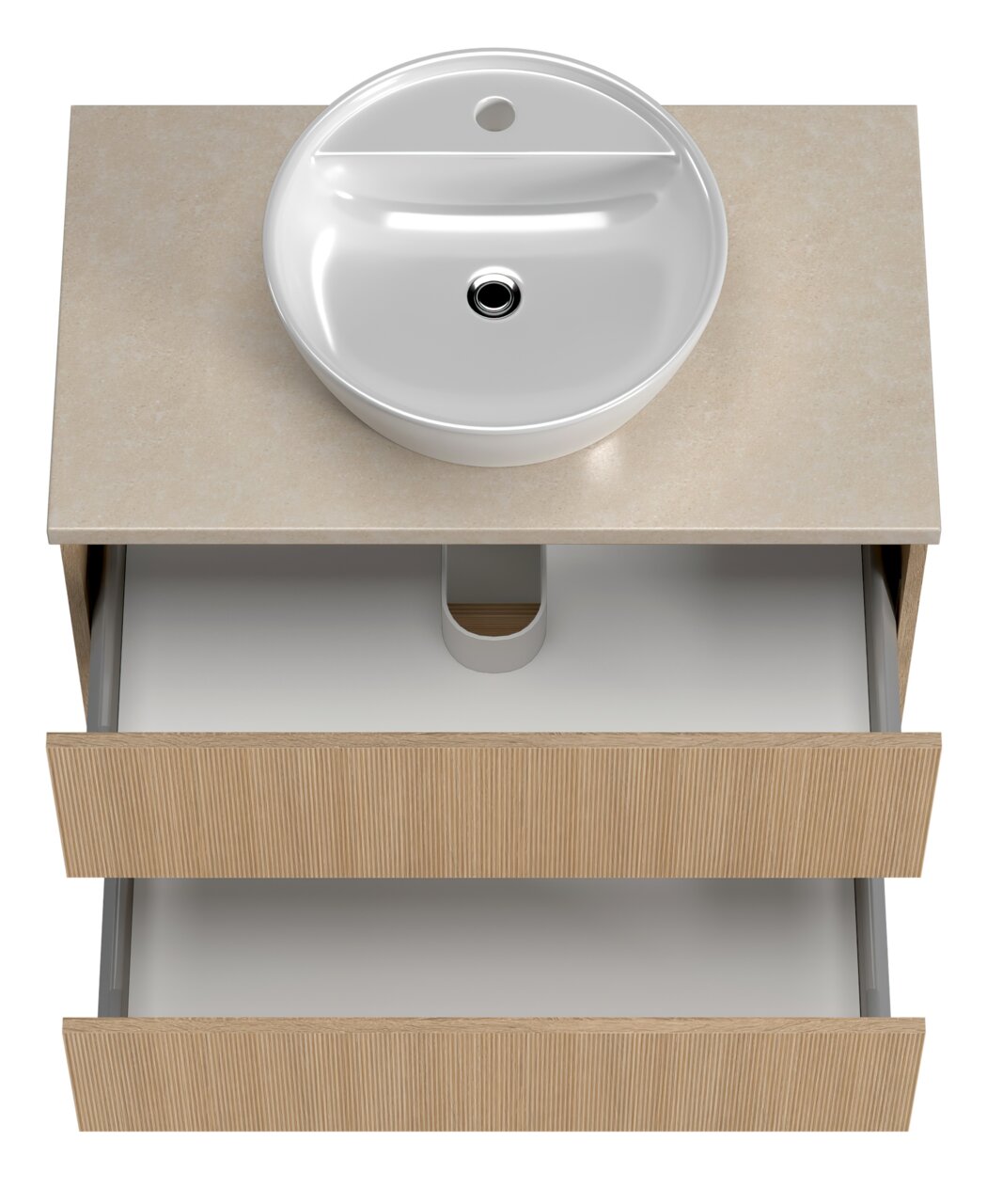Waschtisch-Set mit rundem Waschbecken und zwei offenen Schubladen, Ansicht von oben