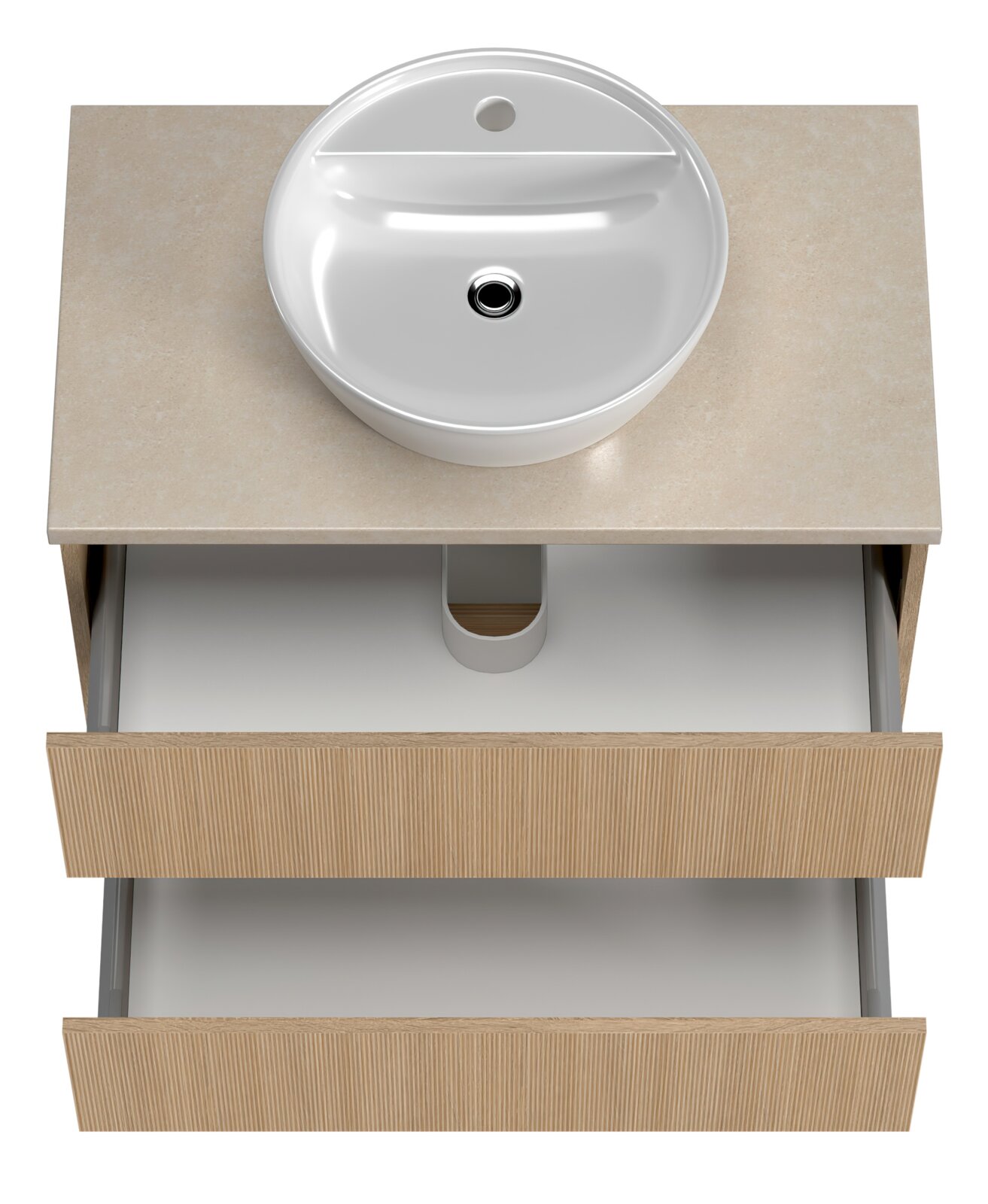 Waschtisch-Set mit rundem Waschbecken und zwei offenen Schubladen, Ansicht von oben