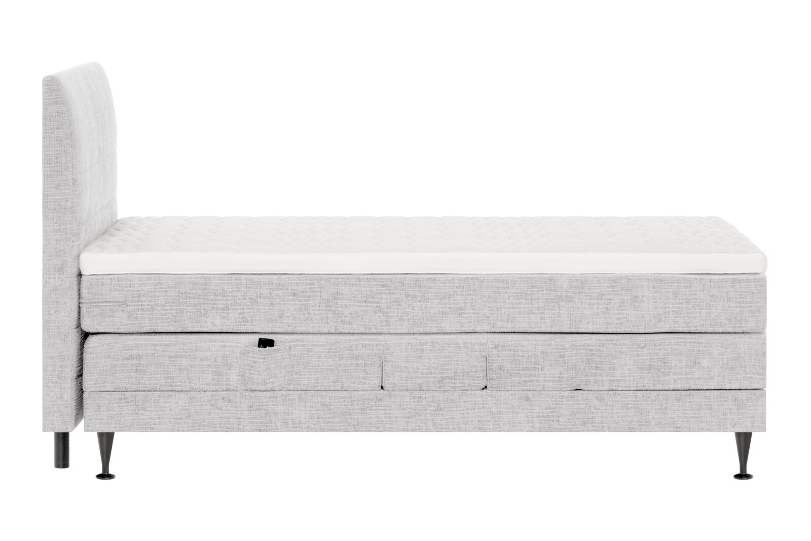 Lichtgrijs gestoffeerd eenpersoons boxspringbed met hoog hoofdbord, gewatteerde topper en zwarte poten, recht van de zijkant gezien