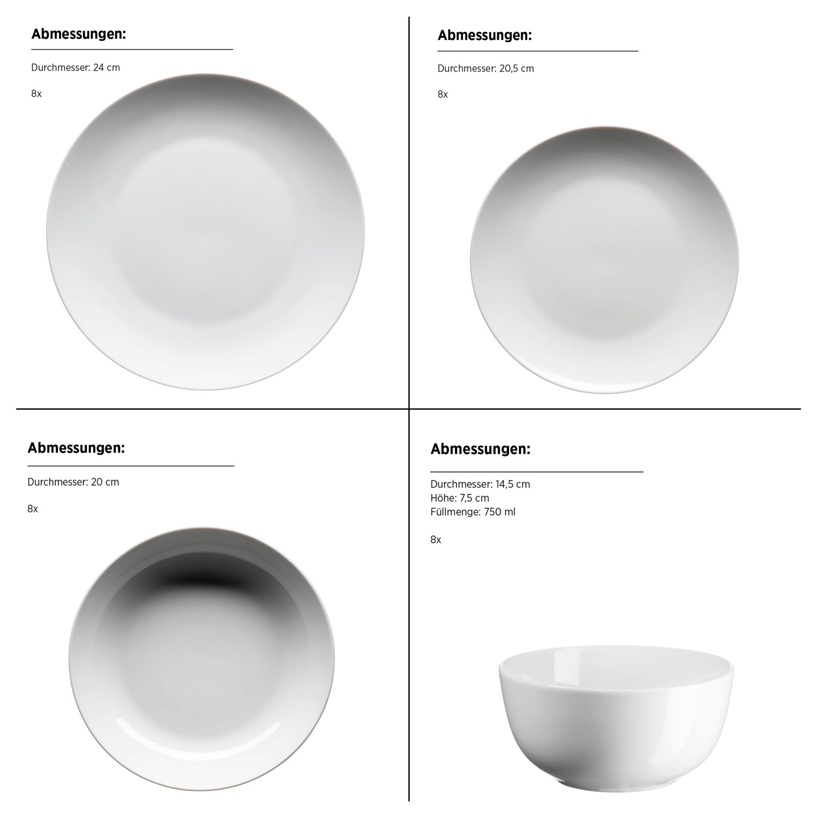 Weißes, schlichtes Geschirr-Set mit Tellern und Schüssel (u. a. Ø 24 cm, Ø 20,5 cm, Ø 20 cm; Schüssel Ø 14,5 cm, Höhe 7,5 cm, 750 ml), Ansicht von oben sowie Schüssel zusätzlich in seitlicher Perspektive.