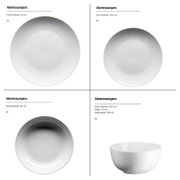 Weißes, schlichtes Geschirr-Set mit Tellern und Schüssel (u. a. Ø 24 cm, Ø 20,5 cm, Ø 20 cm; Schüssel Ø 14,5 cm, Höhe 7,5 cm, 750 ml), Ansicht von oben sowie Schüssel zusätzlich in seitlicher Perspektive.