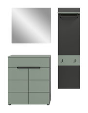 Modernes Badmöbel-Set in Salbeigrün und Anthrazit: quadratischer Spiegel (Frontansicht), Waschtischunterschrank mit Schublade und Türen (Frontansicht) sowie Hochschrank mit Ablage und Haken (Frontansicht) auf weißem Hintergrund.