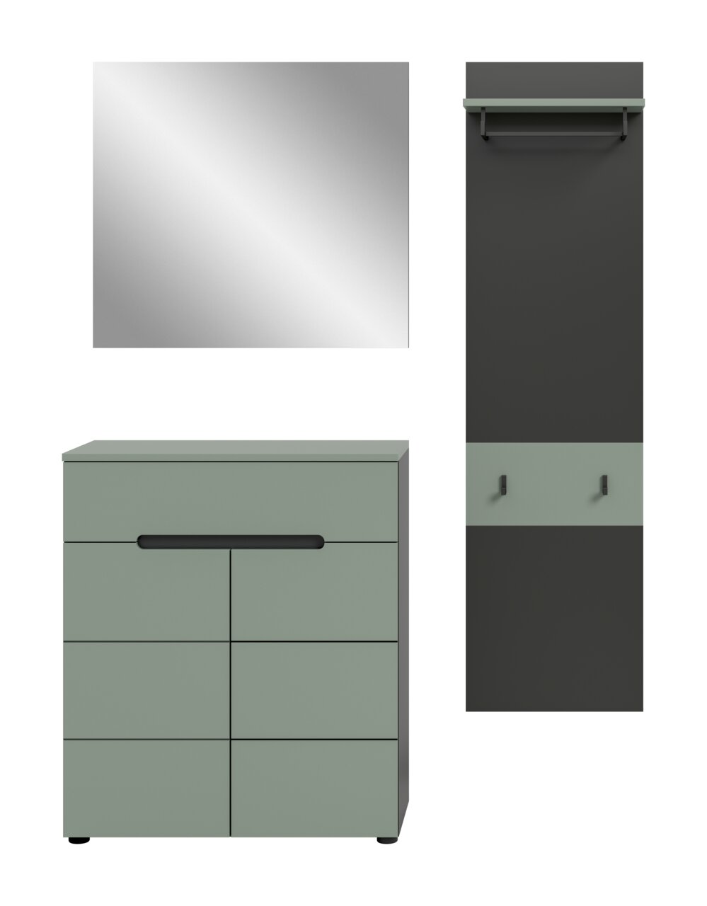 Modernes Badmöbel-Set in Salbeigrün und Anthrazit: quadratischer Spiegel (Frontansicht), Waschtischunterschrank mit Schublade und Türen (Frontansicht) sowie Hochschrank mit Ablage und Haken (Frontansicht) auf weißem Hintergrund.