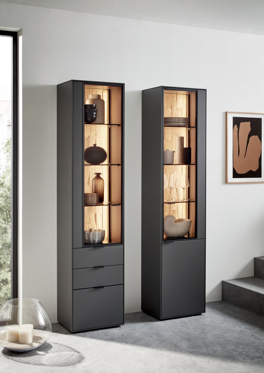 Twee moderne, zwarte vitrines met glazen deuren, gezien vanaf de voorkant. De vitrines zijn voorzien van decoratieve voorwerpen en verlichting.