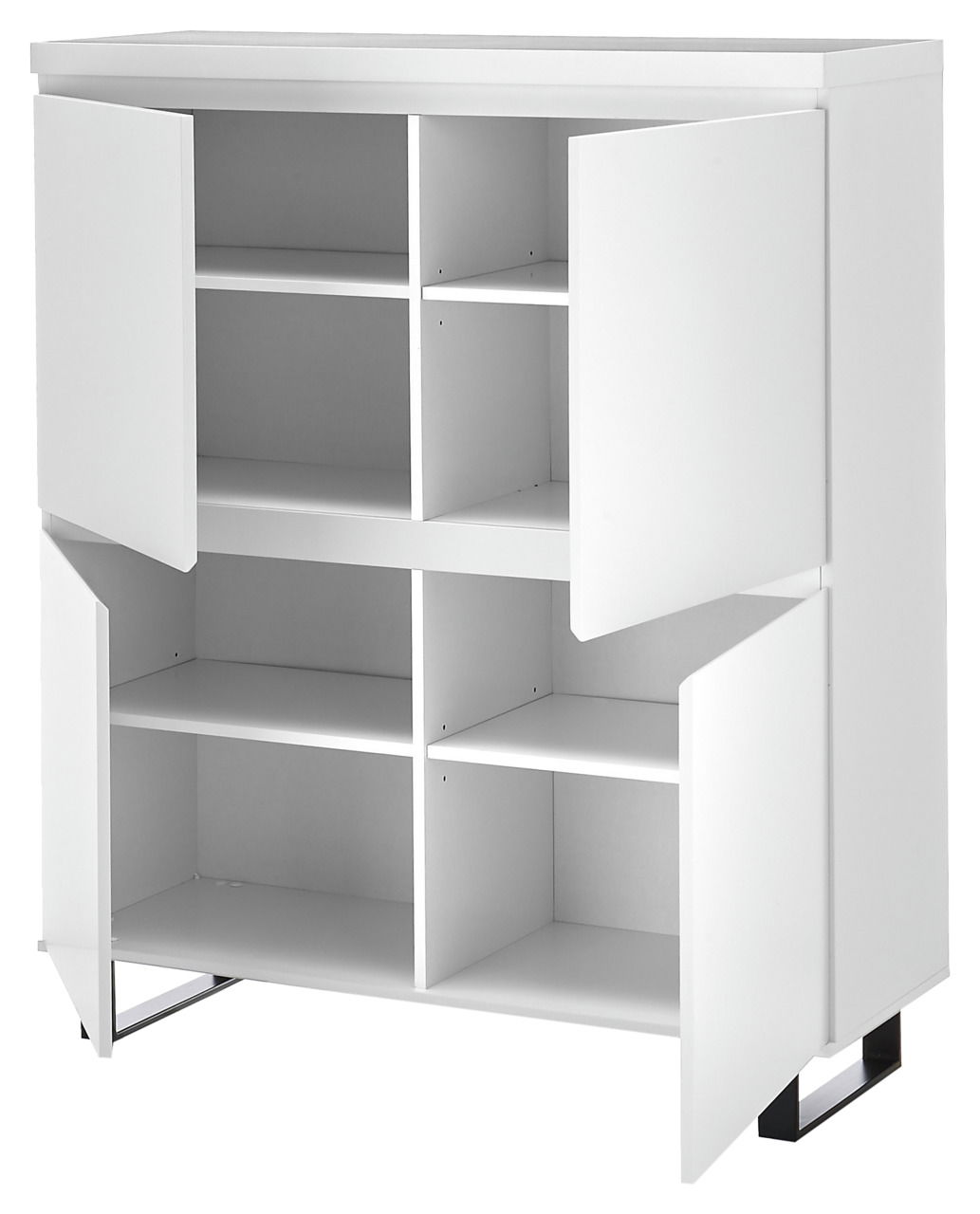 Weißes Highboard mit vier offenen Türen, sechs Fächern und moderner, minimalistischer Gestaltung, seitliche Perspektive