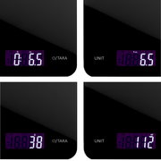 Digitale Küchenwaage in Schwarz mit LED-Anzeige, Nahaufnahme aus verschiedenen Perspektiven