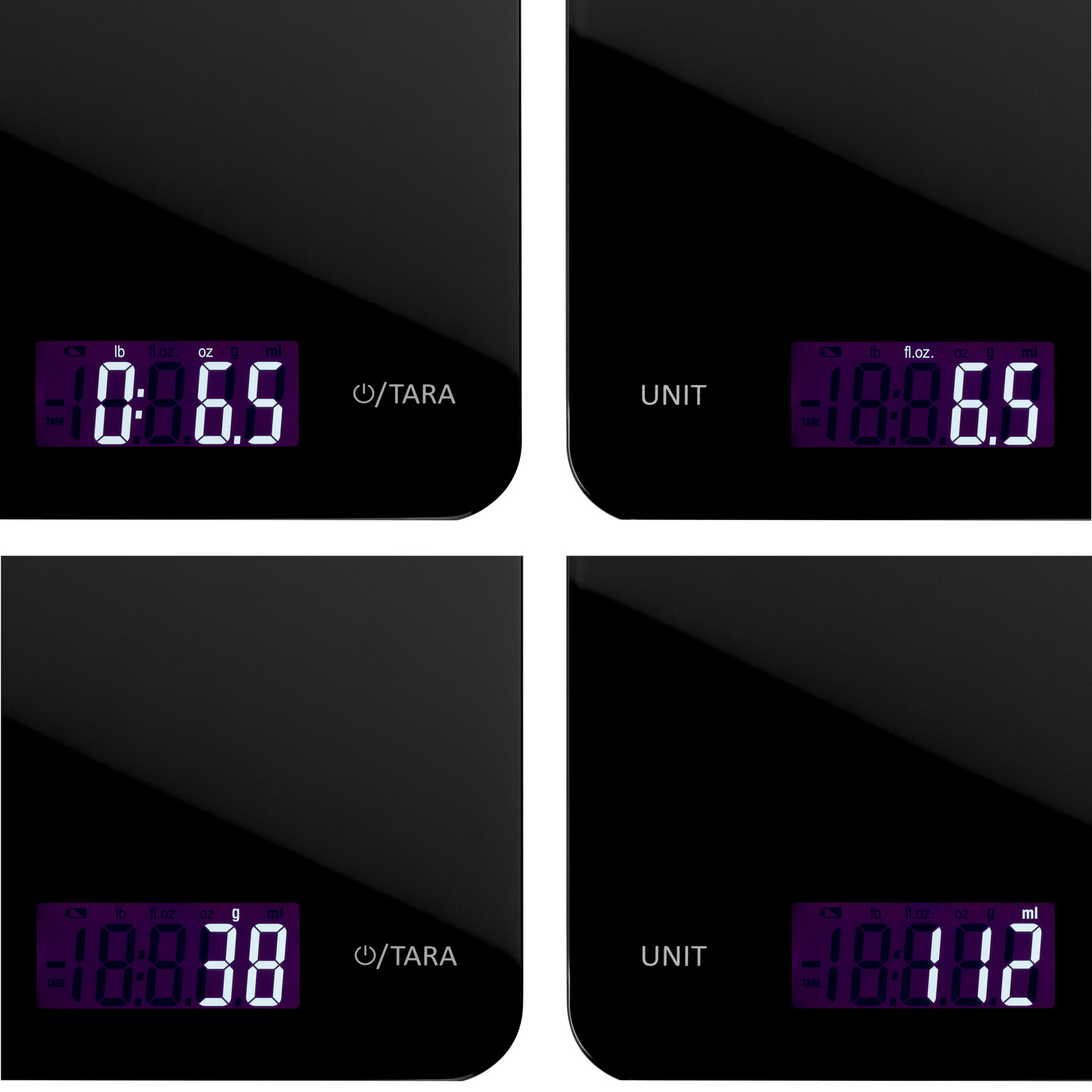 Digitale Küchenwaage in Schwarz mit LED-Anzeige, Nahaufnahme aus verschiedenen Perspektiven