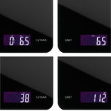 Digitale Küchenwaage in Schwarz mit LED-Anzeige, Nahaufnahme aus verschiedenen Perspektiven