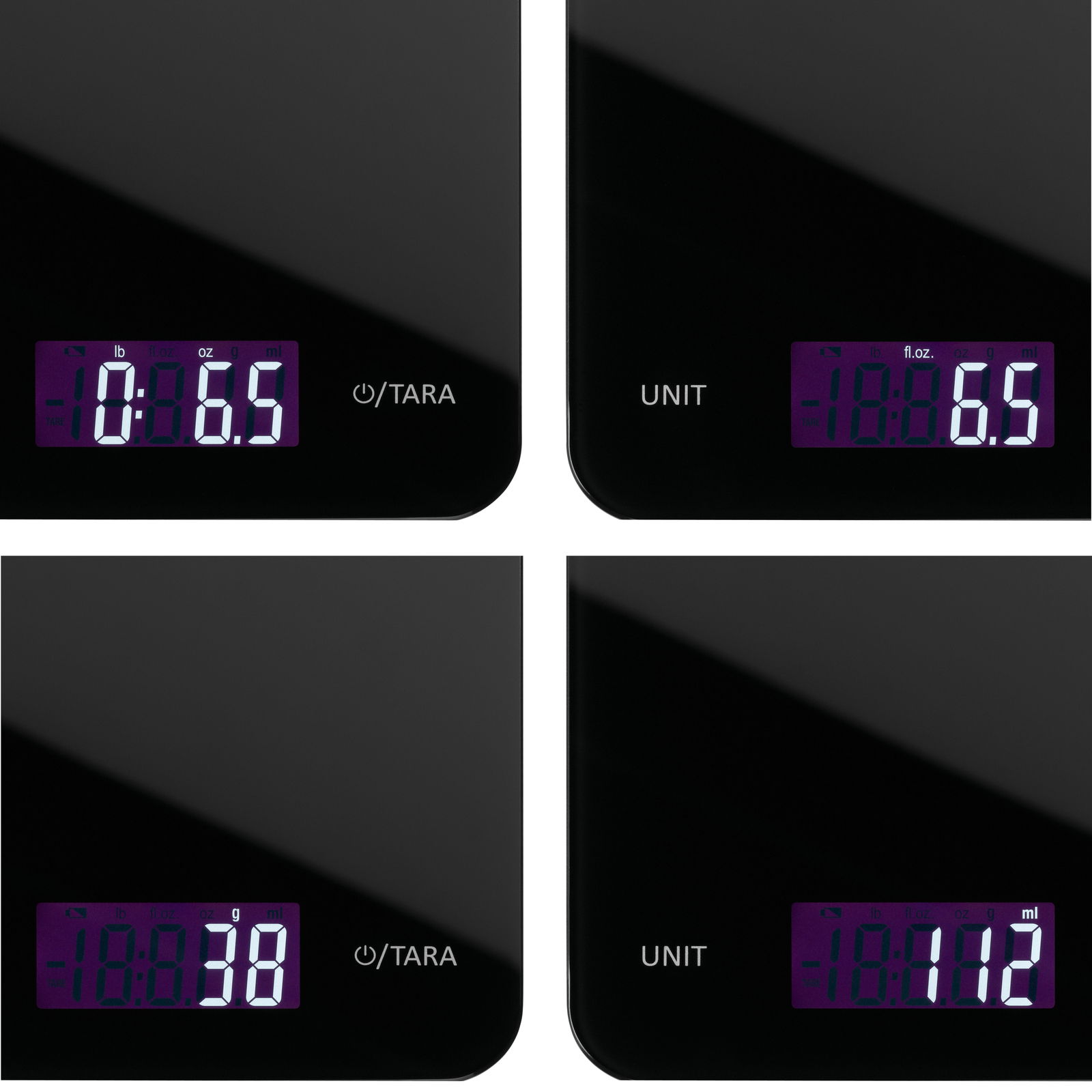 Digitale Küchenwaage in Schwarz mit LED-Anzeige, Nahaufnahme aus verschiedenen Perspektiven