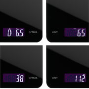 Digitale Küchenwaage in Schwarz mit LED-Anzeige, Nahaufnahme aus verschiedenen Perspektiven