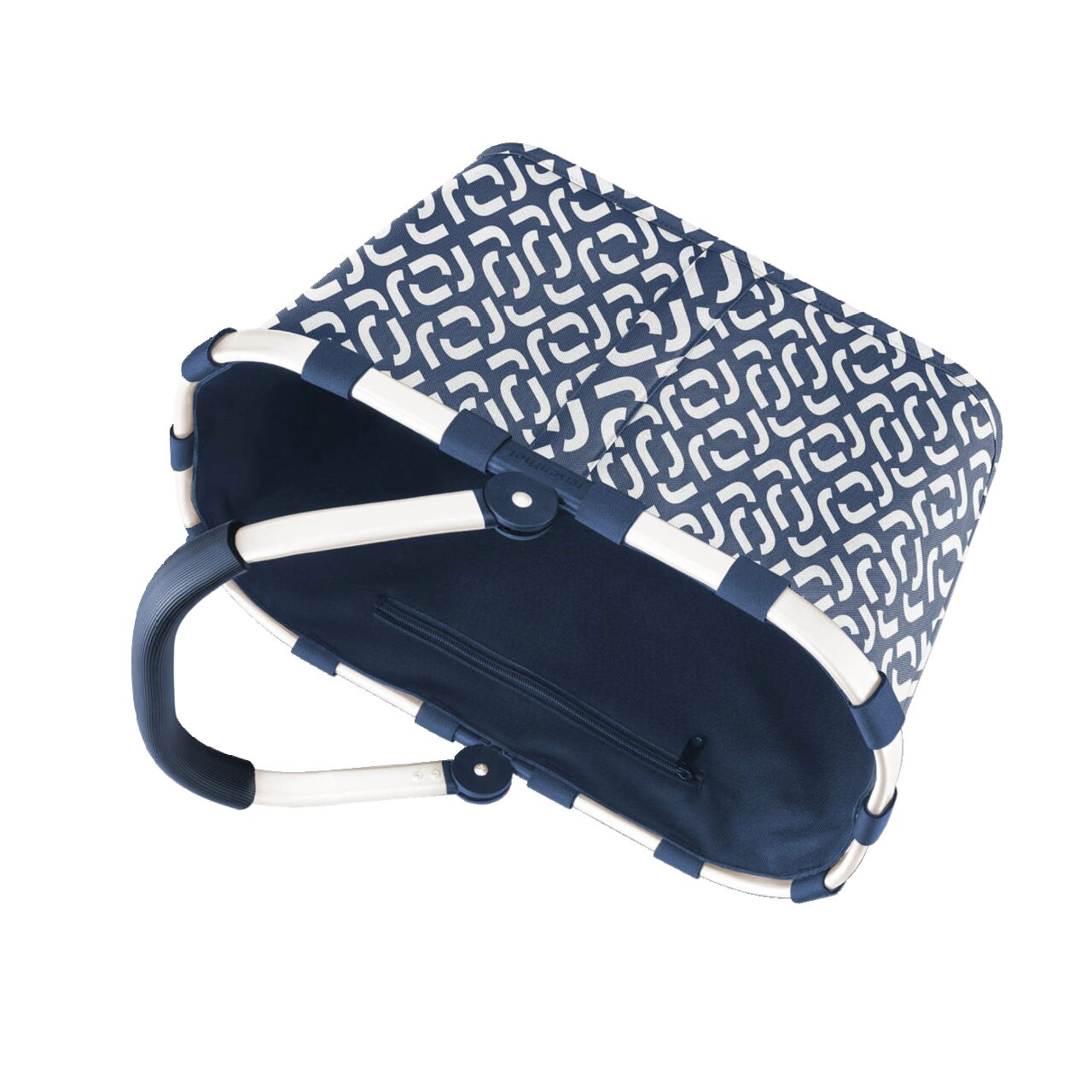 Draagtas met blauw-wit patroon, gezien van bovenaf, met stevige handgreep en een vak met ritssluiting aan de binnenkant.