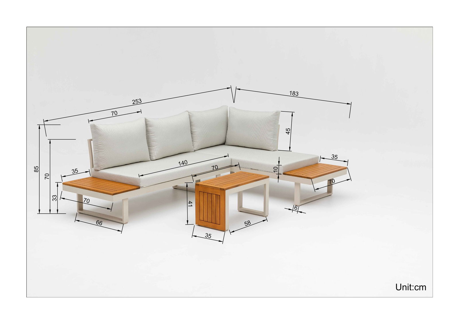 Gartenlounge-Set mit weißem Polster und Holzelementen, seitliche Perspektive