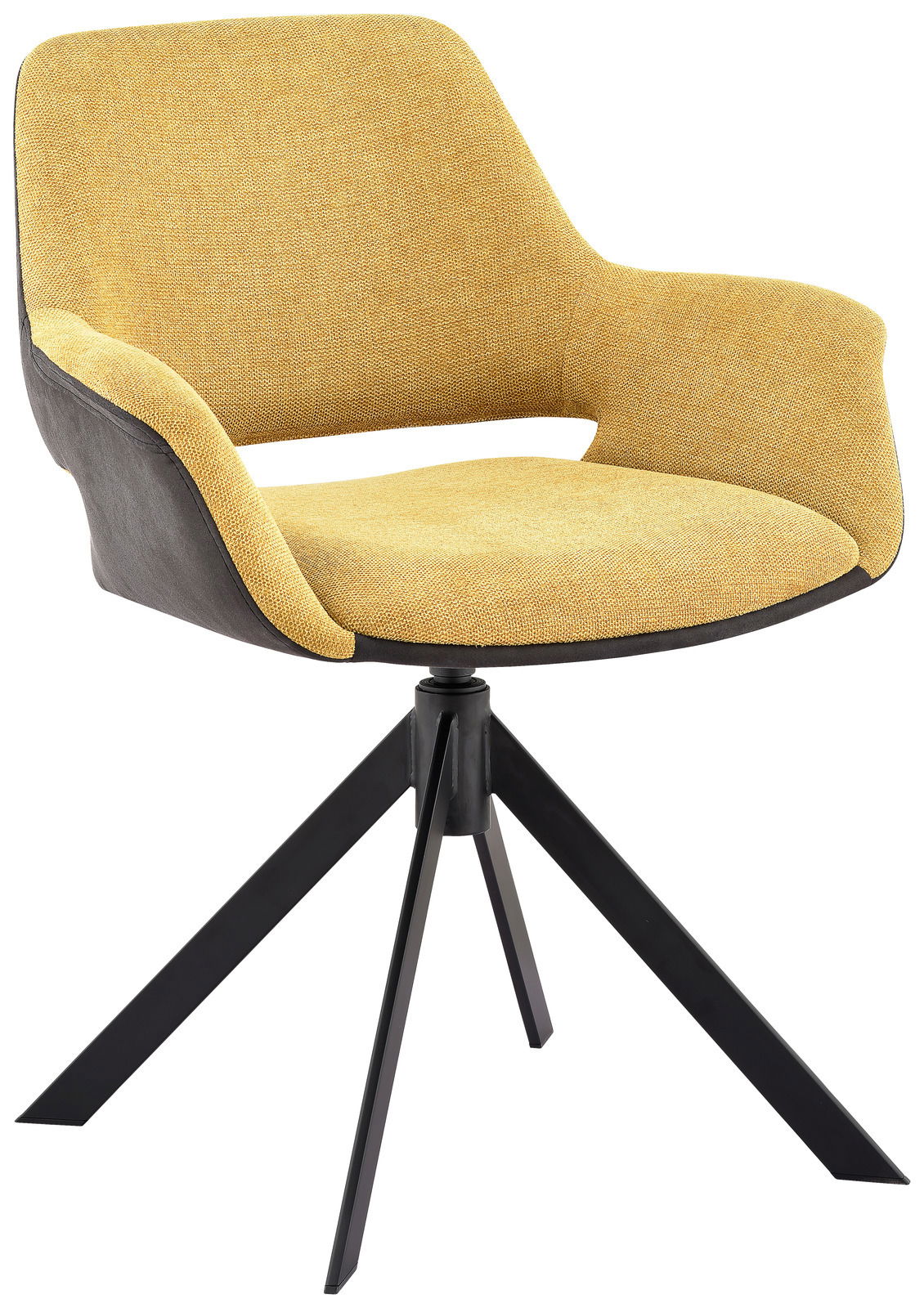 Moderner gelber Sessel mit schwarzem Gestell, seitliche Perspektive