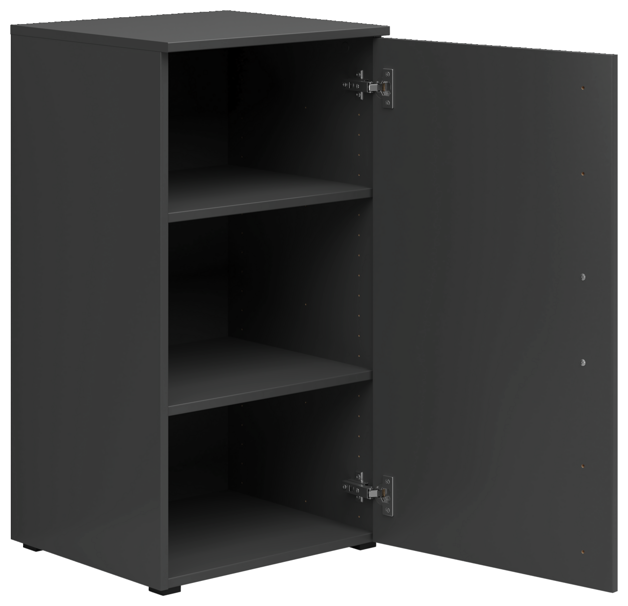 Schwarze Kommode mit geöffneter Tür, zwei Einlegeböden und seitlicher Perspektive