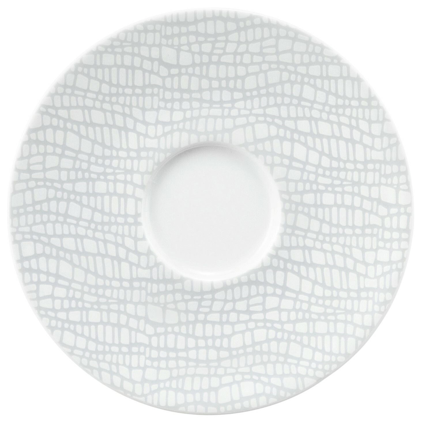 Seltmann Weiden Untertasse Fashion Draufsicht auf eine weiße Untertasse mit grauem, geometrischem Muster, passend für die Seltmann Weiden Fashion Serie.