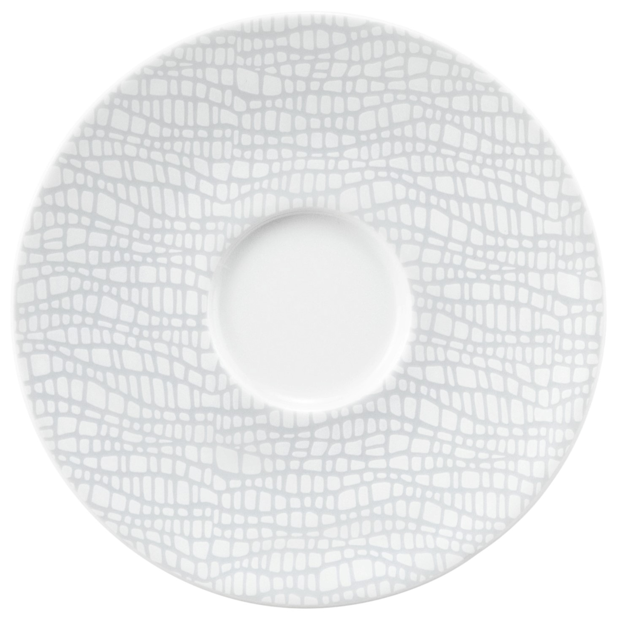 Seltmann Weiden Untertasse Fashion Draufsicht auf eine weiße Untertasse mit grauem, geometrischem Muster, passend für die Seltmann Weiden Fashion Serie.