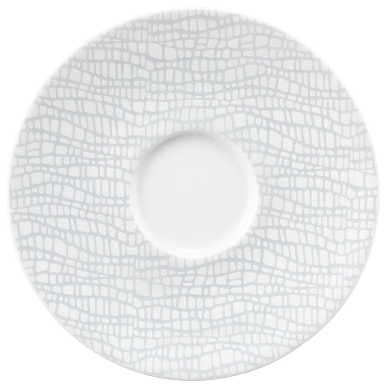 Draufsicht auf eine weiße Untertasse mit grauem, geometrischem Muster, passend für die Seltmann Weiden Fashion Serie.