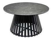 Runder Couchtisch mit dunkler Tischplatte und modernem, gitterartigem Untergestell, Perspektive von schräg oben