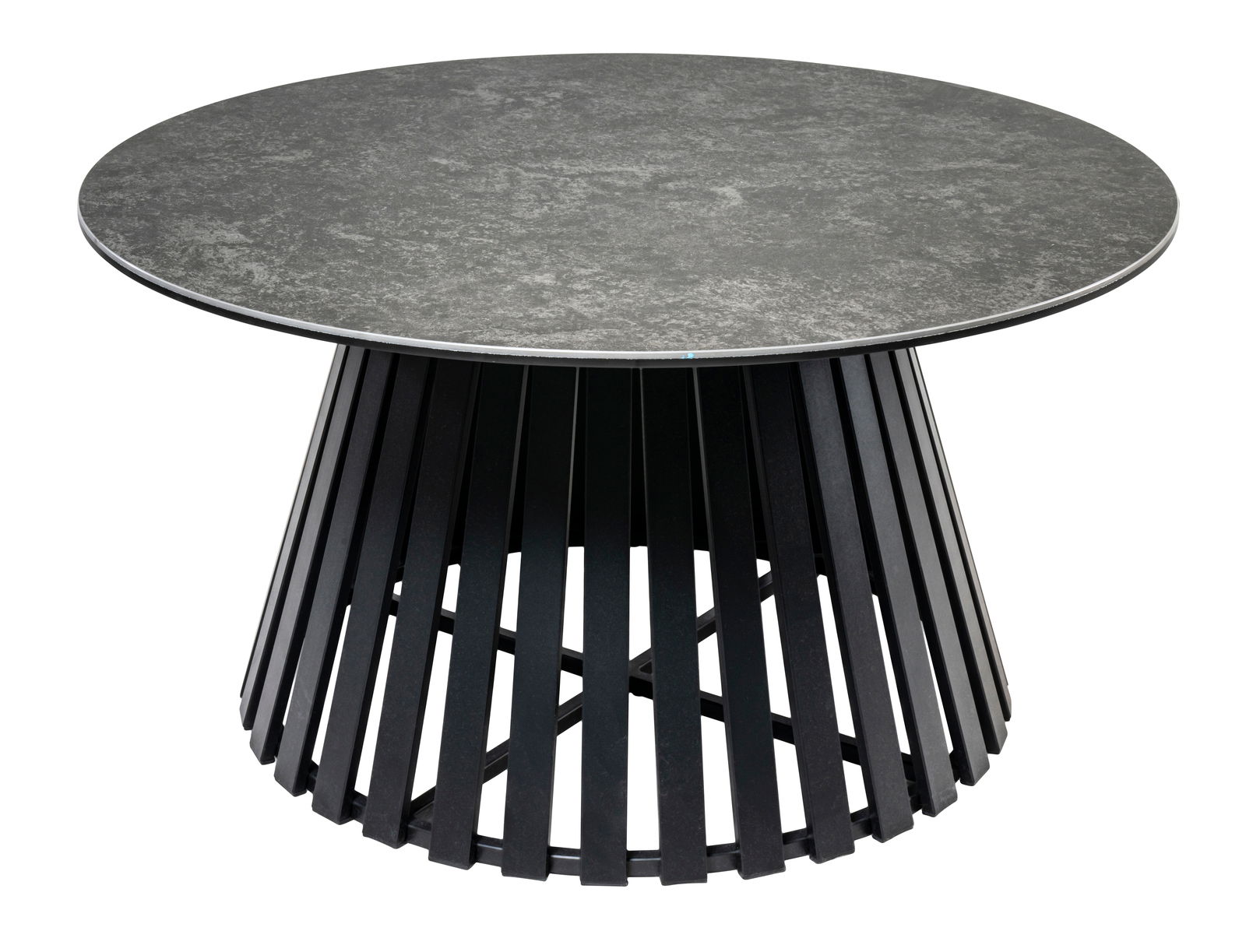 Runder Couchtisch mit dunkler Tischplatte und modernem, gitterartigem Untergestell, Perspektive von schräg oben