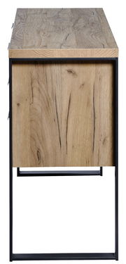 Seitenansicht eines Sideboards mit Holzoberfläche und Metallrahmen.