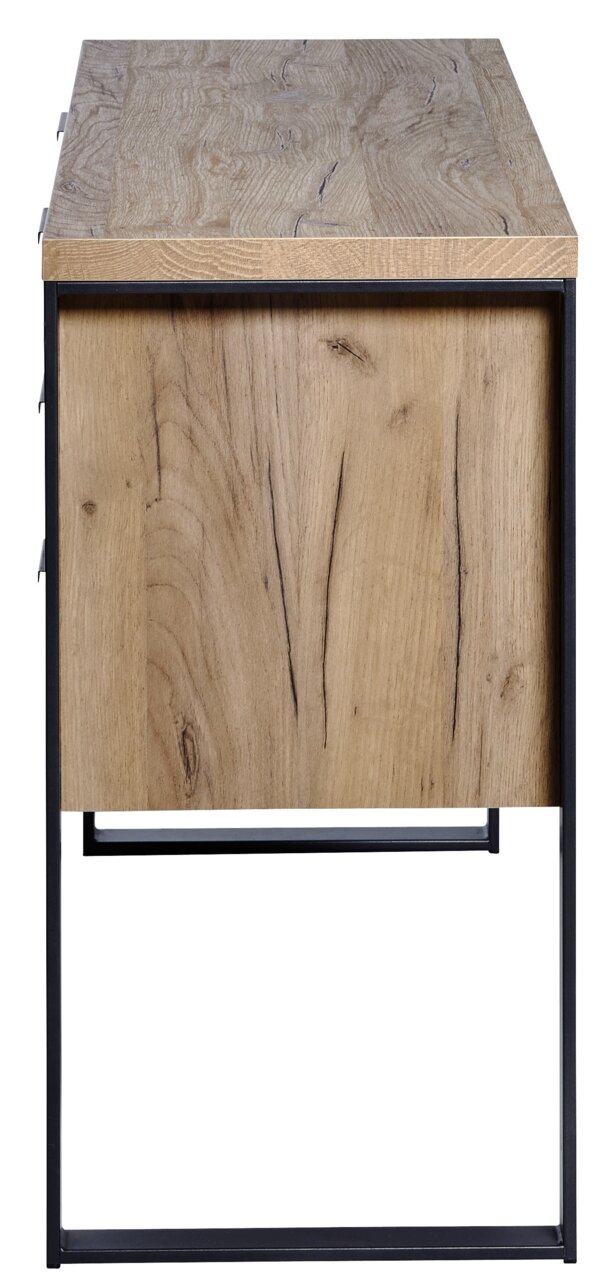 Seitenansicht eines Sideboards mit Holzoberfläche und Metallrahmen.