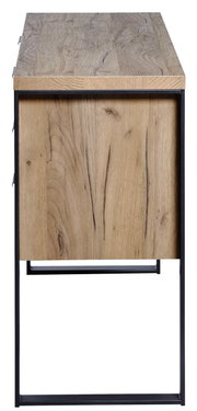 Zijaanzicht van een dressoir met houten oppervlak en metalen frame.