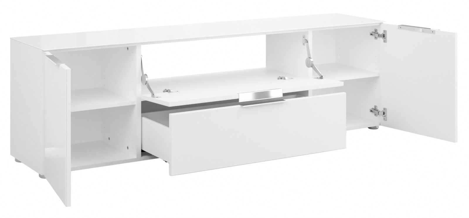 Weißes TV-Lowboard mit offenen Türen und Schubladen, seitliche Perspektive