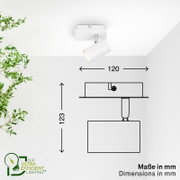 Witte verstelbare opbouwspot, vanuit schuin vooraanzicht en technisch zijaanzicht weergegeven, met afmetingen van 120 × 123 mm.