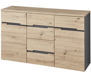 Modernes Sideboard aus Holz mit mehreren Schubladen und Türen, seitliche Perspektive