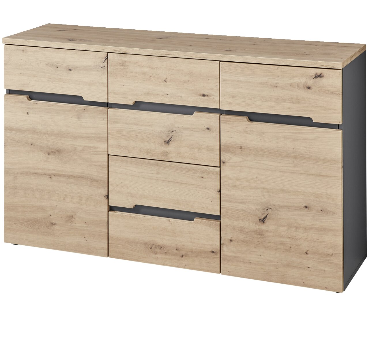 Modernes Sideboard aus Holz mit mehreren Schubladen und Türen, seitliche Perspektive