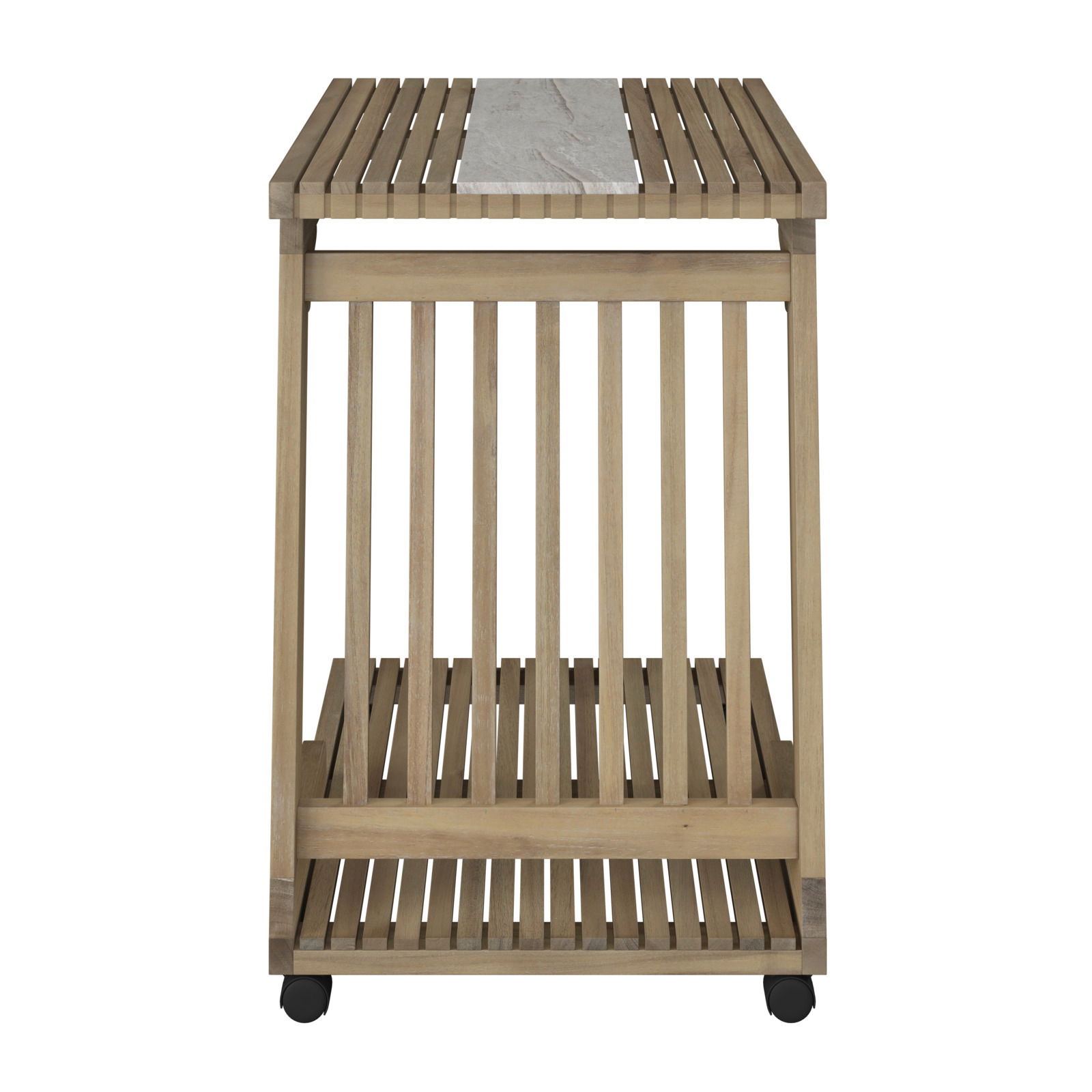 Beistelltisch aus Holz mit vertikalen Streben und einer Marmorplatte, Vorderansicht