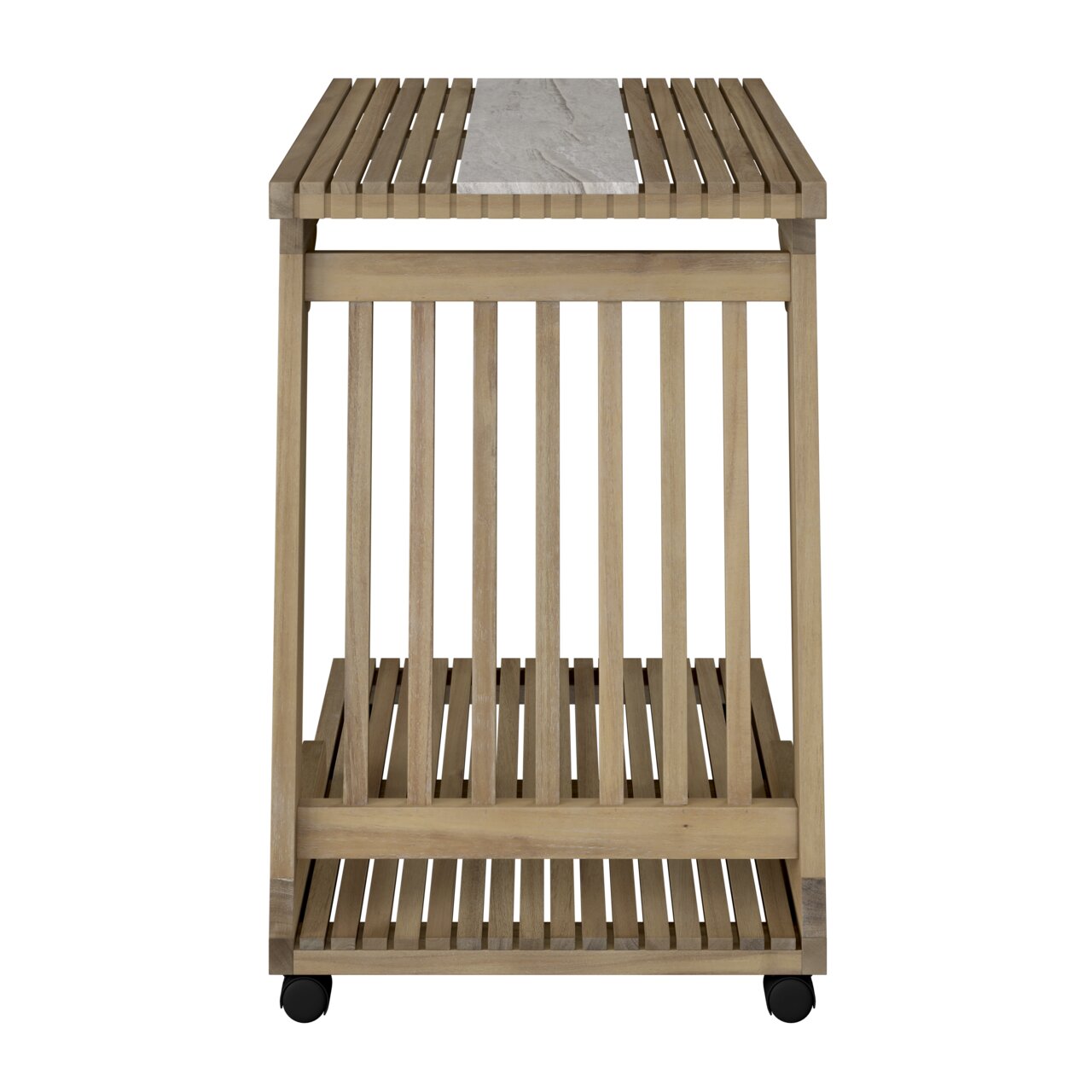 Beistelltisch aus Holz mit vertikalen Streben und einer Marmorplatte, Vorderansicht