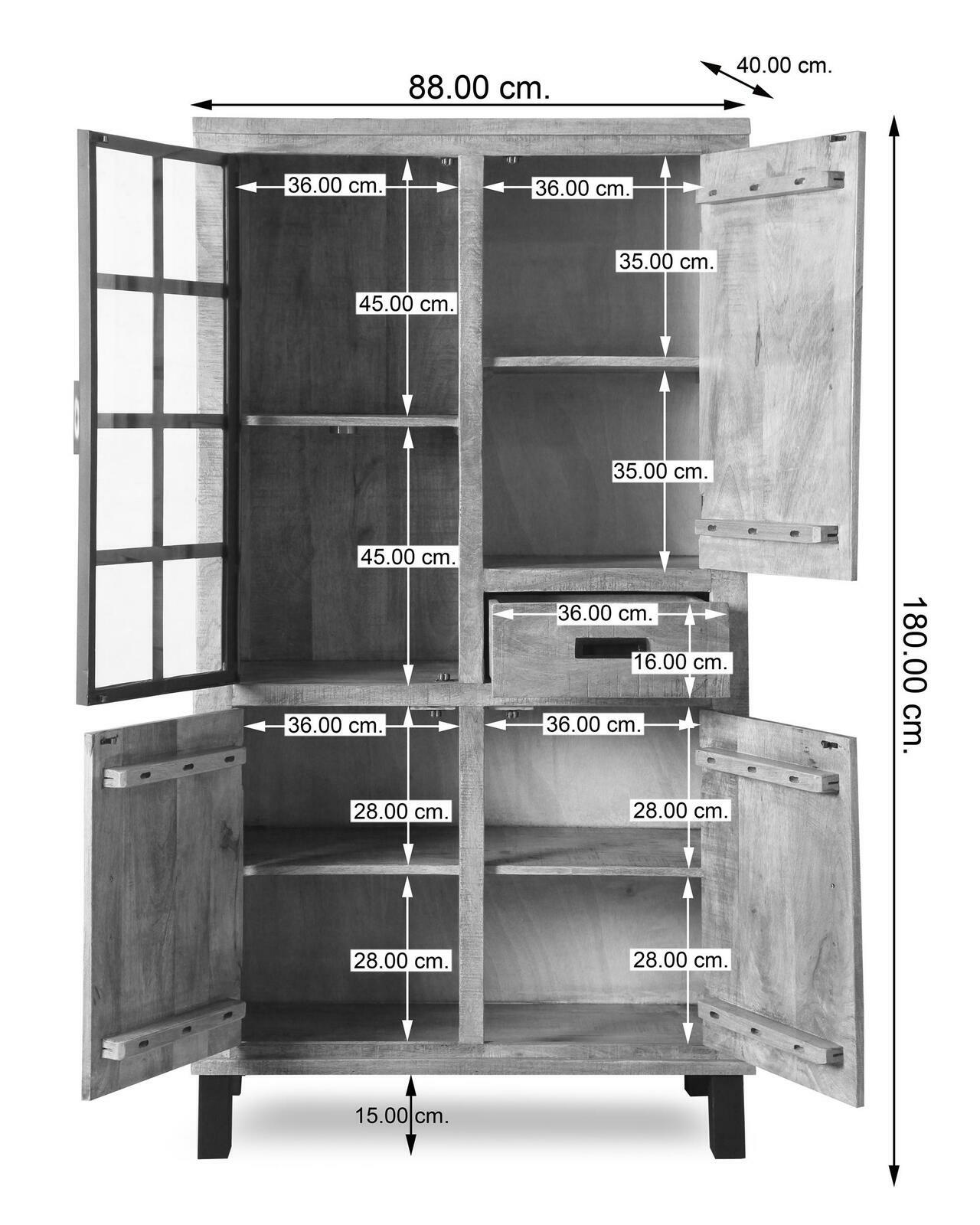 Vitrinenschrank KALI aus Holz mit Glastüren, Maße 88 cm Breite, 180 cm Höhe, 40 cm Tiefe, Frontansicht