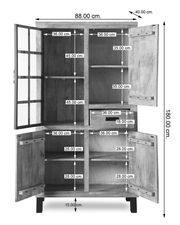 Vitrinenschrank KALI aus Holz mit Glastüren, Maße 88 cm Breite, 180 cm Höhe, 40 cm Tiefe, Frontansicht