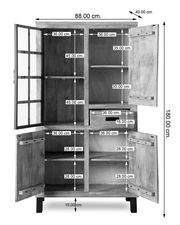 Vitrinenschrank KALI aus Holz mit Glastüren, Maße 88 cm Breite, 180 cm Höhe, 40 cm Tiefe, Frontansicht