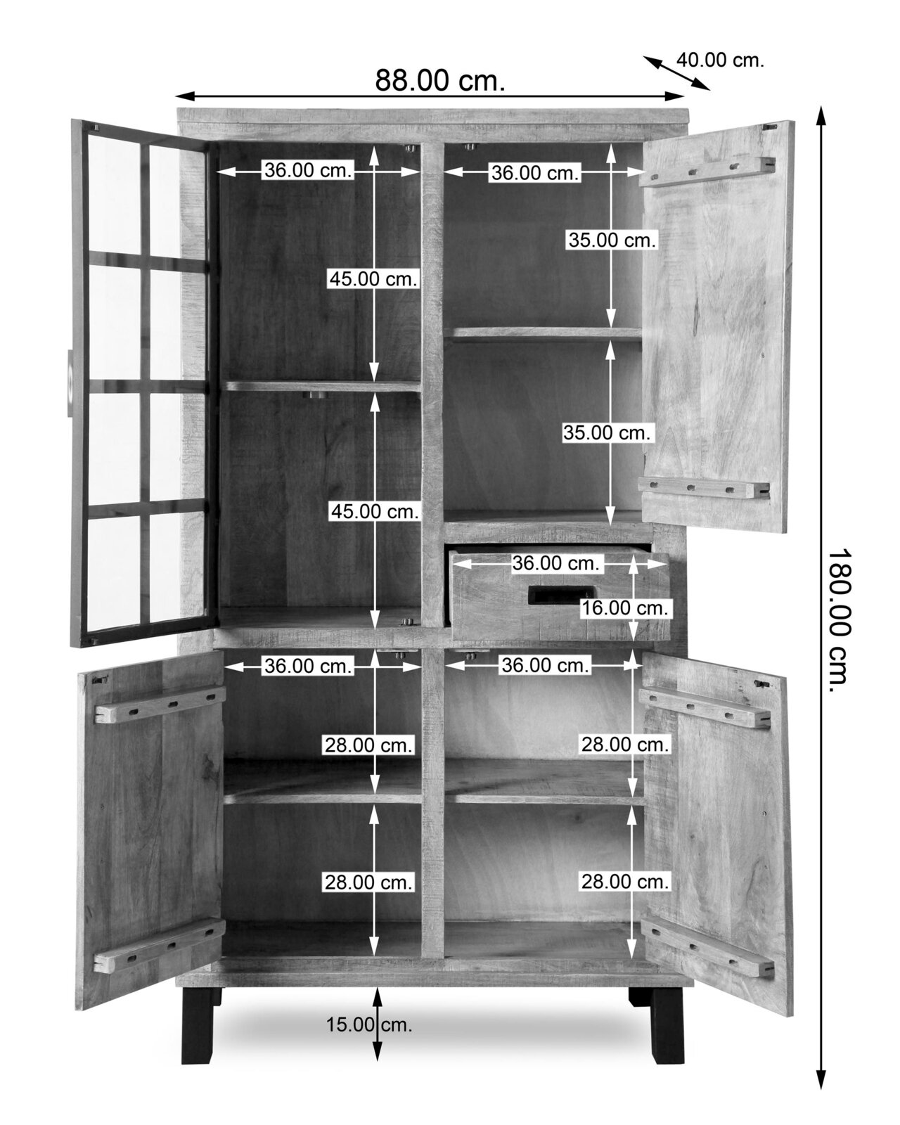 Vitrinekast KALI van hout met glazen deuren, afmetingen: 88 cm breed, 180 cm hoog, 40 cm diep, vooraanzicht