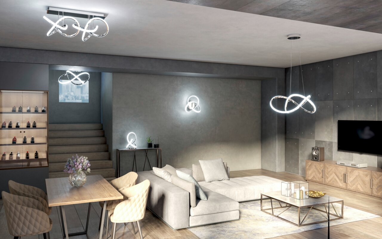 Moderne Deckenleuchte Indigo in einem stilvollen Wohnzimmer, von unten betrachtet, mit geschwungenem LED-Design.