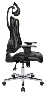 Seitliche Ansicht eines ergonomischen Gaming-Stuhls mit verstellbarer Kopfstütze und Armlehnen, schwarzem Lederbezug und grünen Akzenten.