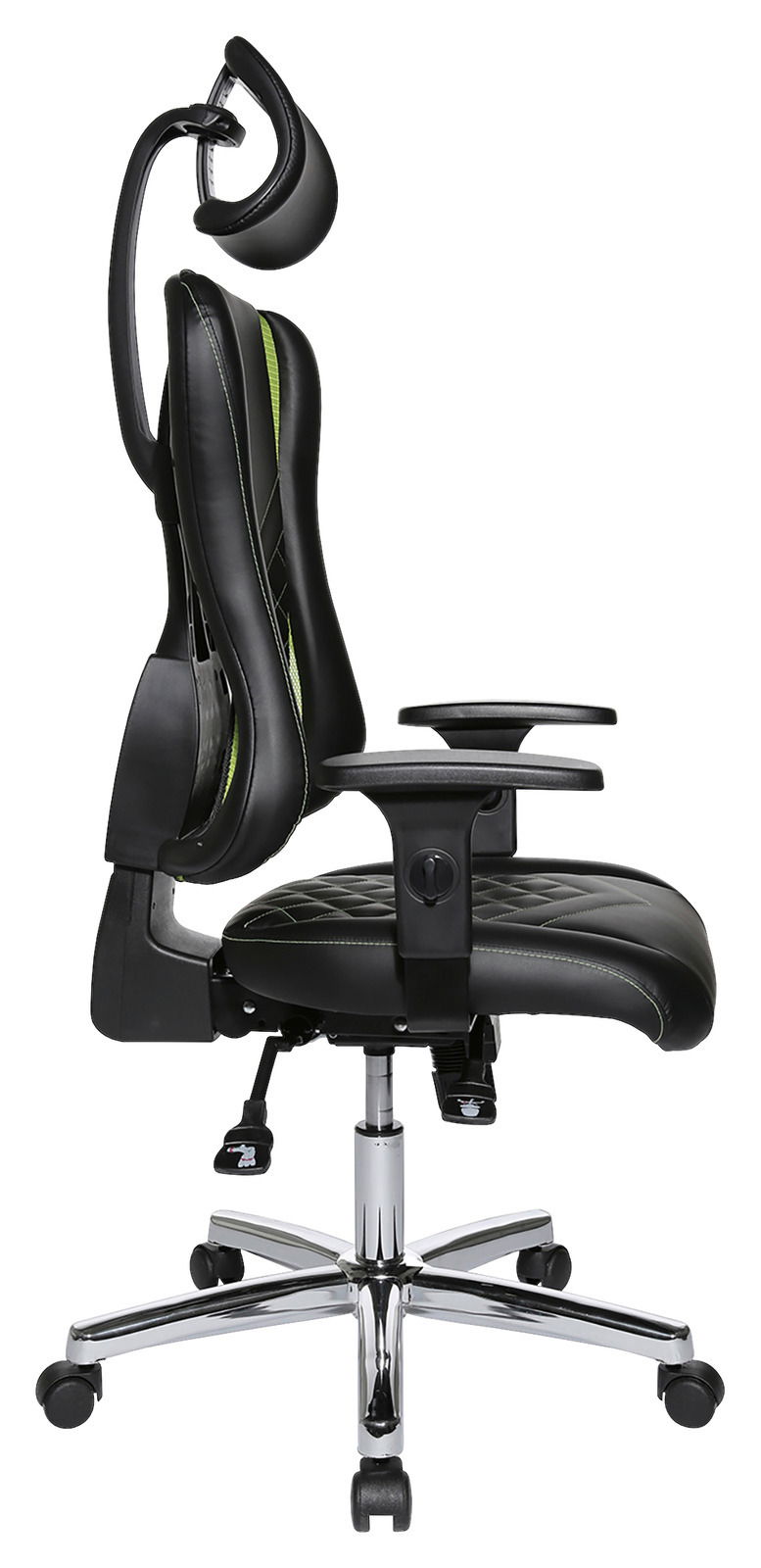 Seitliche Ansicht eines ergonomischen Gaming-Stuhls mit verstellbarer Kopfstütze und Armlehnen, schwarzem Lederbezug und grünen Akzenten.