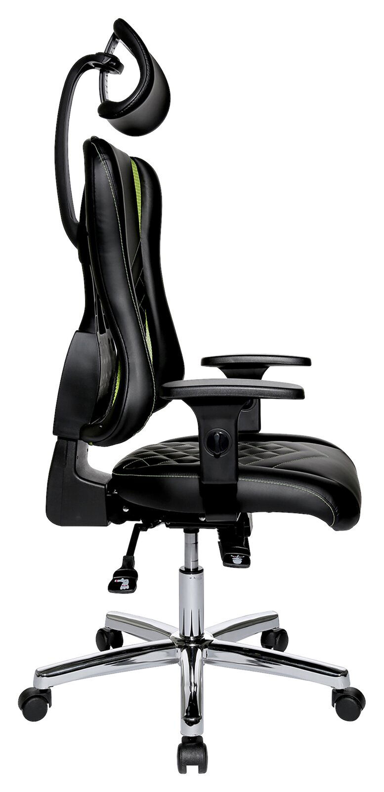 Seitliche Ansicht eines ergonomischen Gaming-Stuhls mit verstellbarer Kopfstütze und Armlehnen, schwarzem Lederbezug und grünen Akzenten.