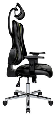 Seitliche Ansicht eines ergonomischen Gaming-Stuhls mit verstellbarer Kopfstütze und Armlehnen, schwarzem Lederbezug und grünen Akzenten.