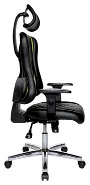 Seitliche Ansicht eines ergonomischen Gaming-Stuhls mit verstellbarer Kopfstütze und Armlehnen, schwarzem Lederbezug und grünen Akzenten.