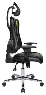 Seitliche Ansicht eines ergonomischen Gaming-Stuhls mit verstellbarer Kopfstütze und Armlehnen, schwarzem Lederbezug und grünen Akzenten.