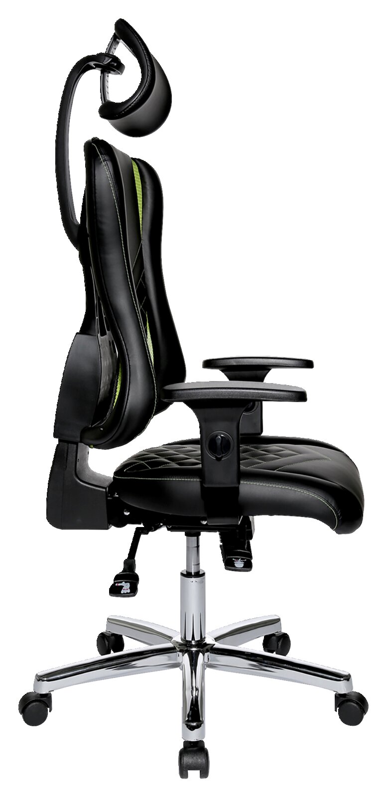 Zijaanzicht van een ergonomische gamingstoel met verstelbare hoofdsteun en armleuningen, zwarte lederen bekleding en groene accenten.