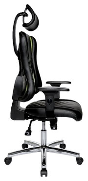Seitliche Ansicht eines ergonomischen Gaming-Stuhls mit verstellbarer Kopfstütze und Armlehnen, schwarzem Lederbezug und grünen Akzenten.
