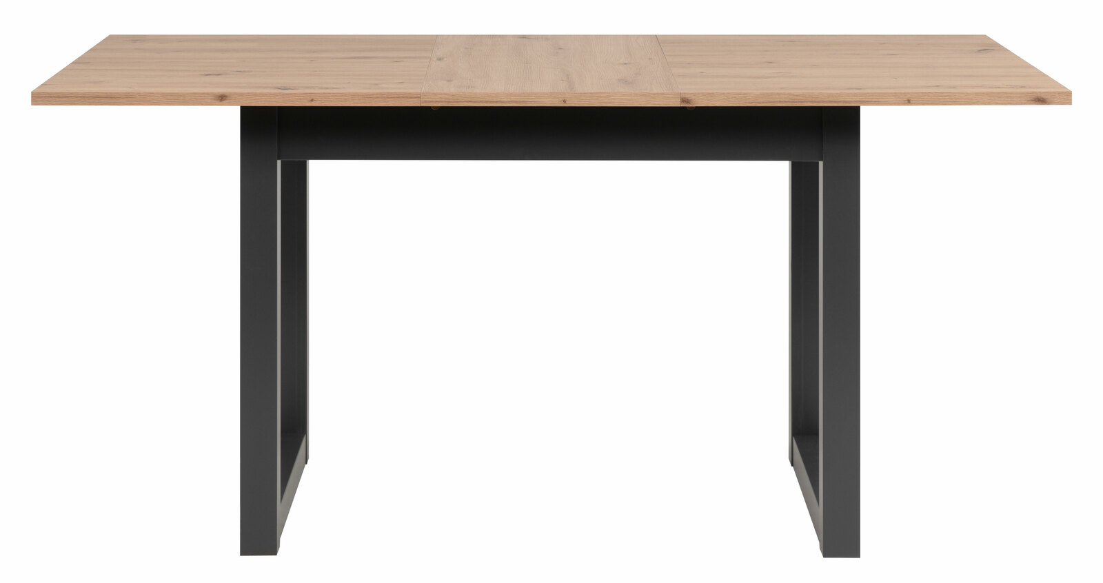 Moderner Esstisch mit Holzplatte und schwarzen Metallbeinen, Frontalansicht.